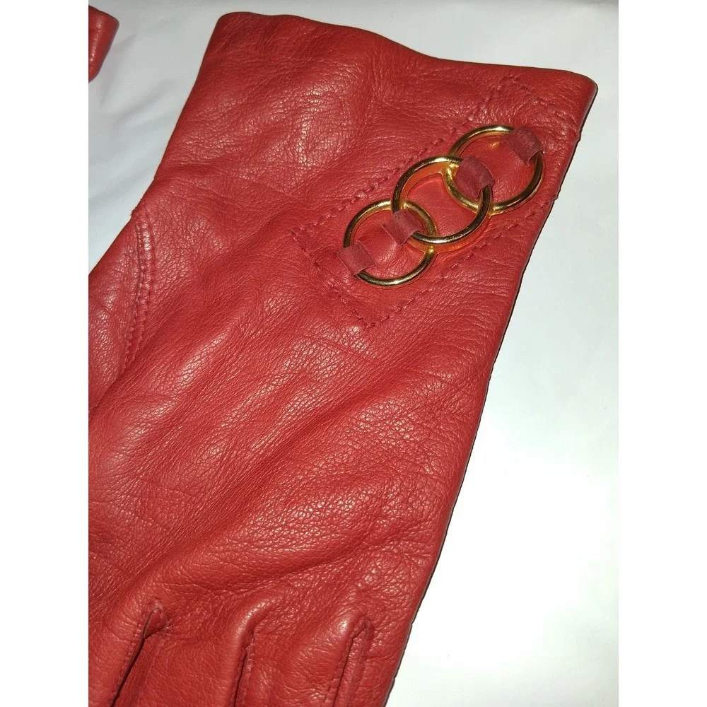 Vintage‎ Women's Lazarus Red Leather Gloves Size 6.5  Made In Italy Gold Accents